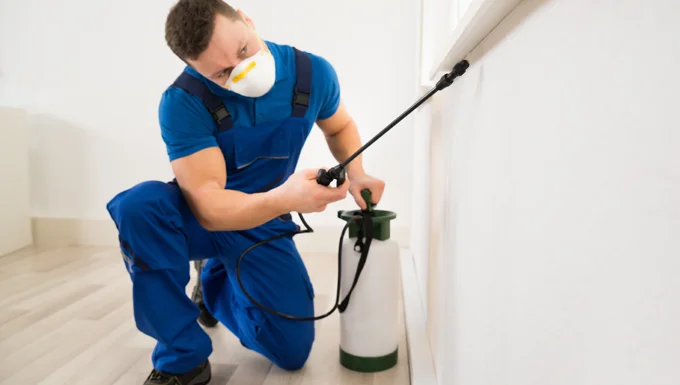 pest technician inspecting home